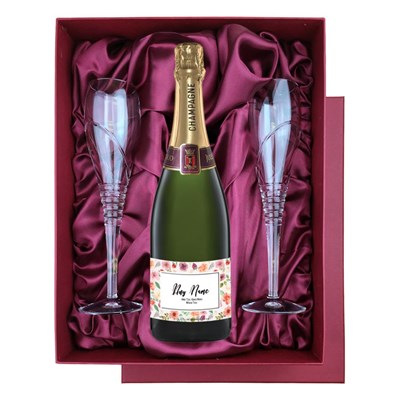 Personalised Champagne - Art Border Label in Red Luxury Presentation Set With Flutes